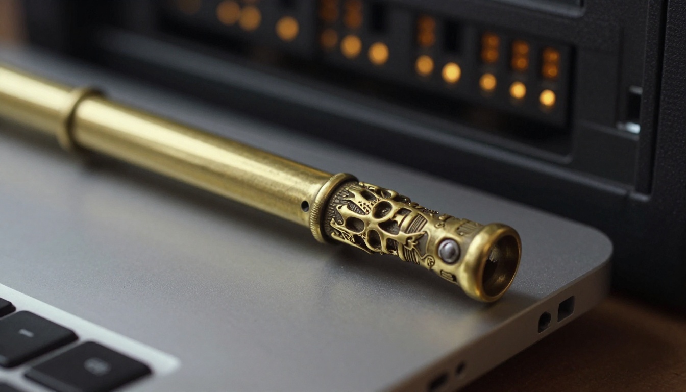 Antique brass tool lying across a silver laptop, a metaphor for API access