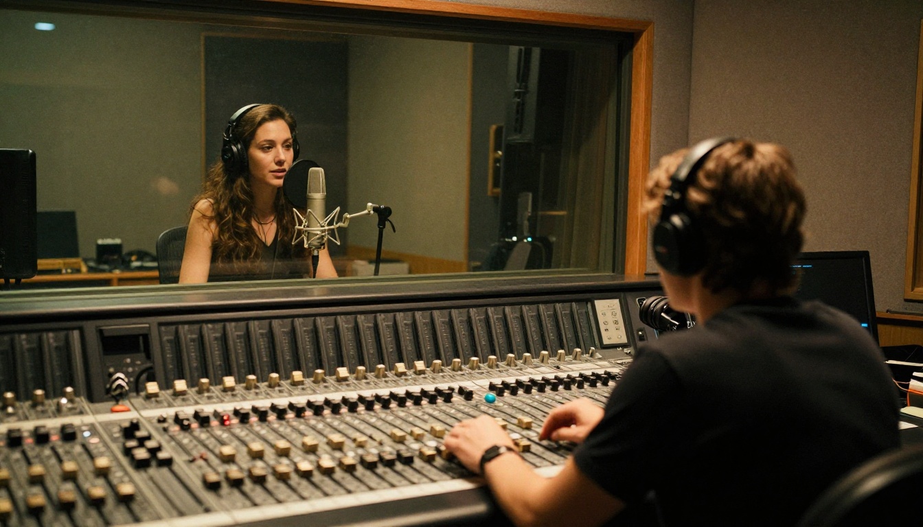 A sound engineer watching a voice actress record inside a dubbing booth