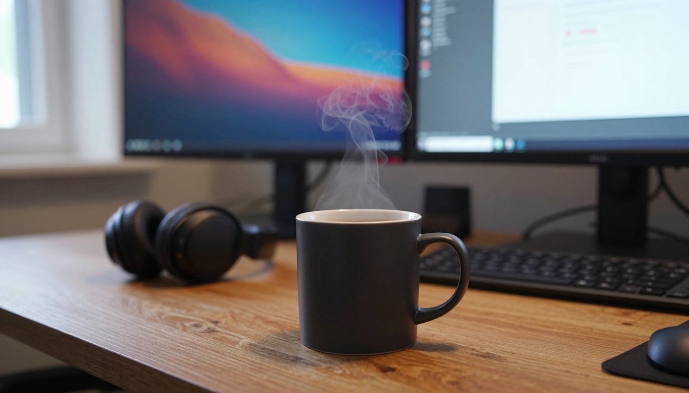 A developer's desk at dusk with two blurred monitors and a mug of coffee