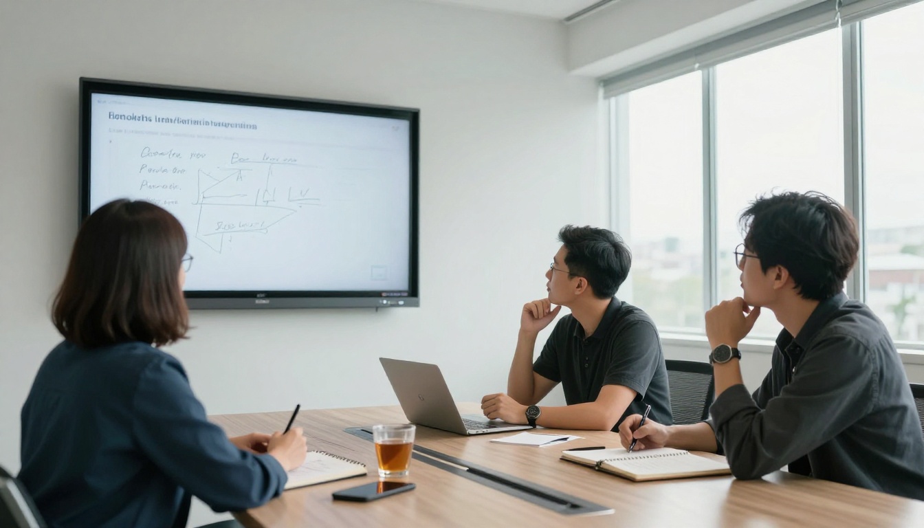 Three colleagues reviewing a dubbed presentation on a large wall display