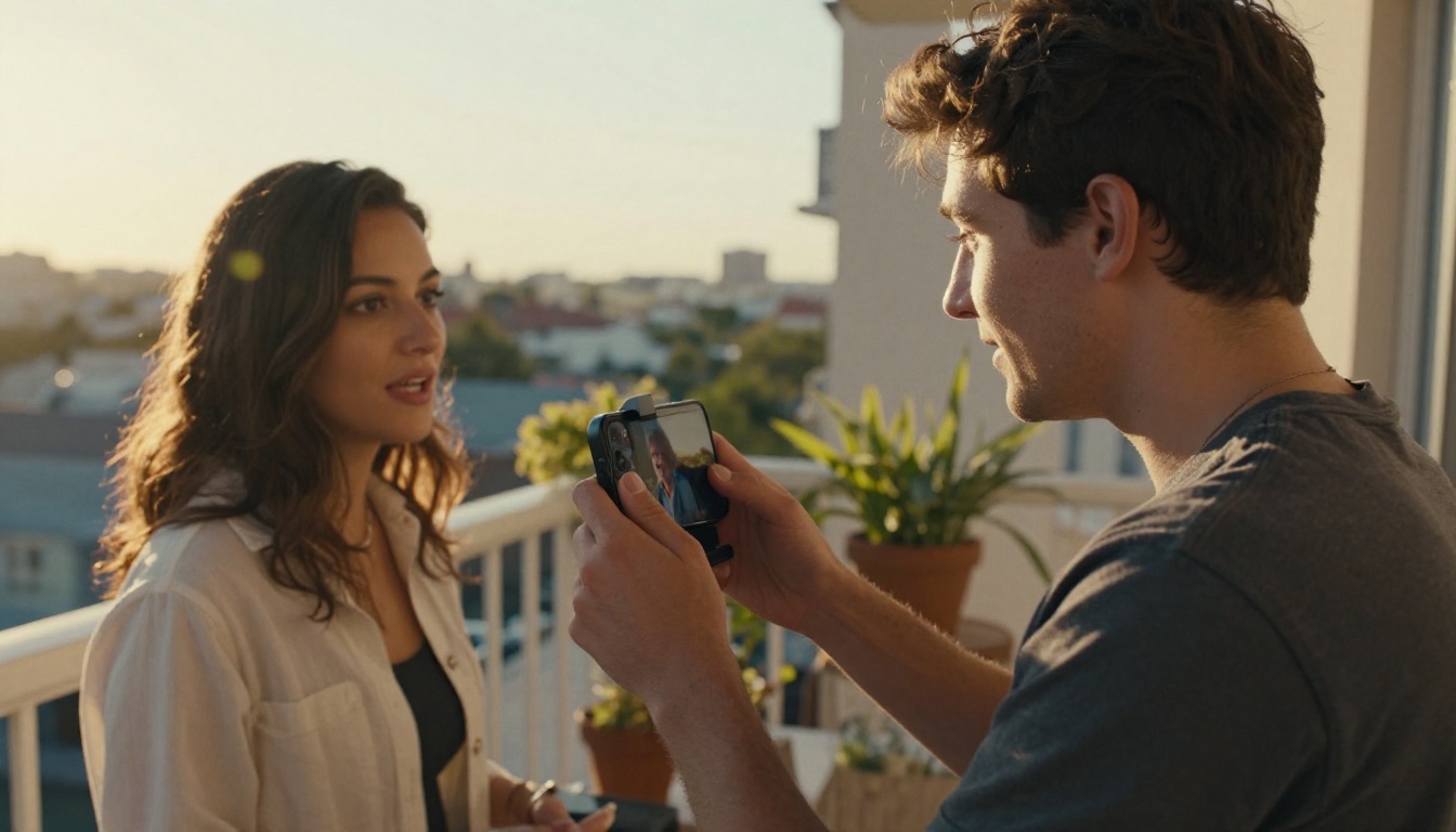 A creator filming a short spoken clip on a sunlit balcony with a phone on a gimbal