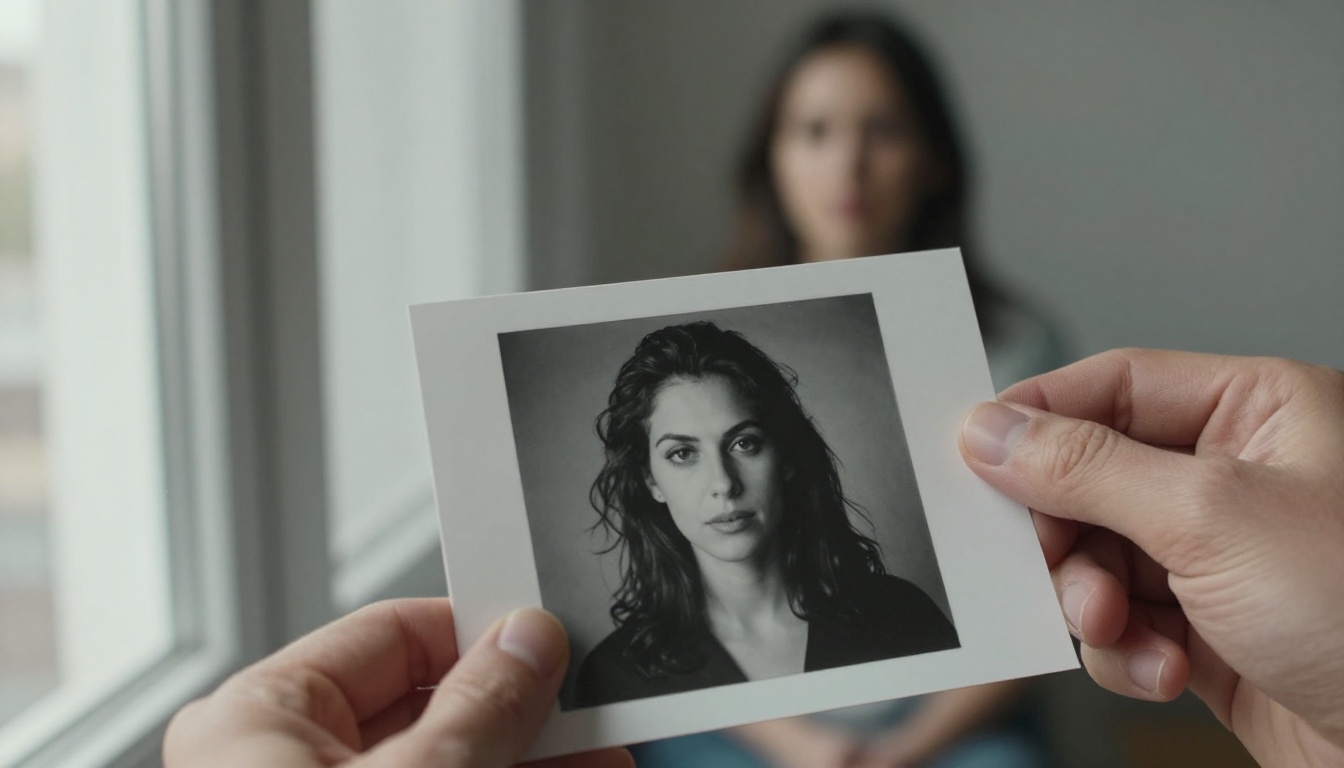 A hand holding a printed portrait photograph in front of the real subject by a window