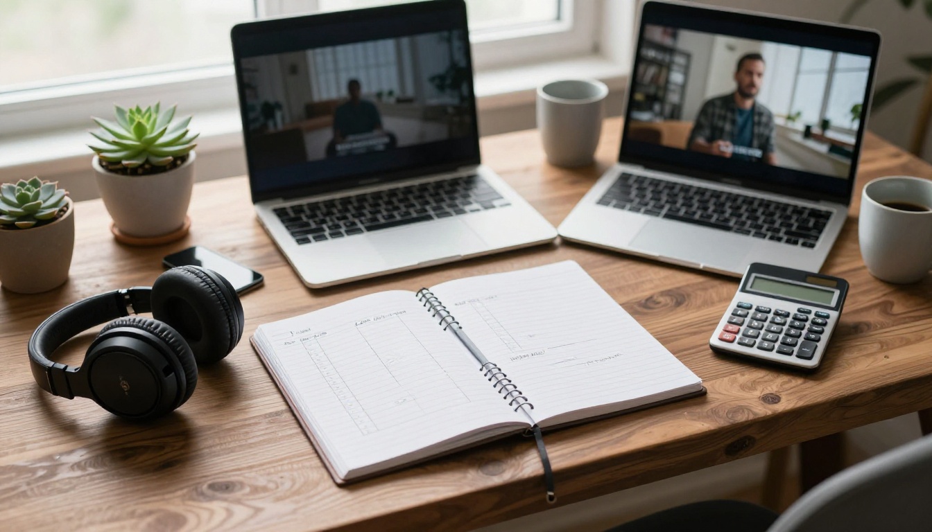 A top-down desk with a laptop, headphones and a notepad of comparison tables