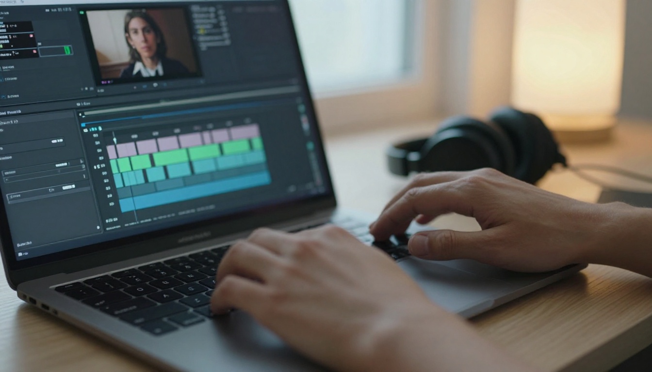 An editor's hands on a laptop with a video timeline and a paused face frame