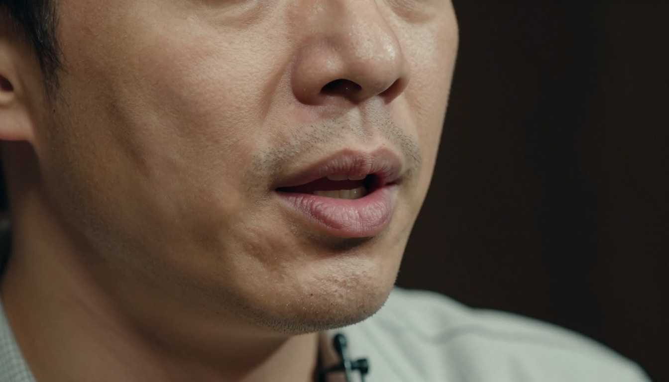 A close-up of a man speaking with a lavalier microphone clipped to his collar