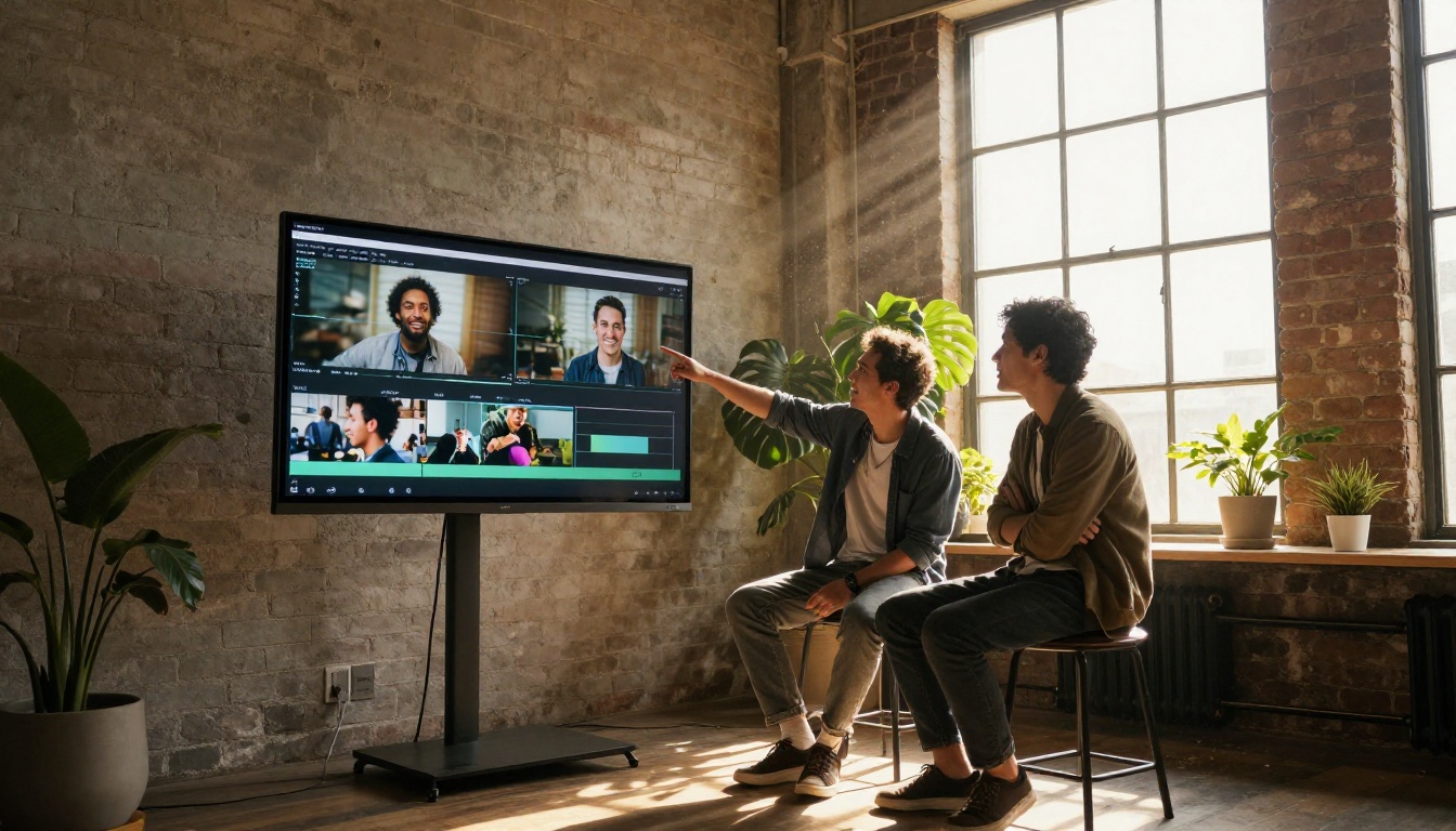 Two creators in a loft studio reviewing a finished clip on a large monitor