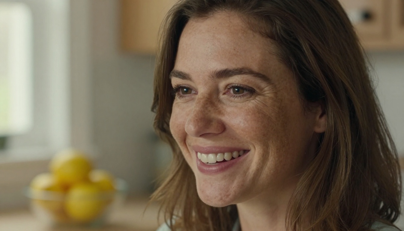 Close-up of a smiling woman speaking to the camera in a bright kitchen