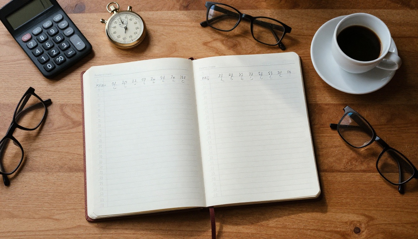 Overhead view of a desk with a notebook of pencil numbers, a calculator and a stopwatch