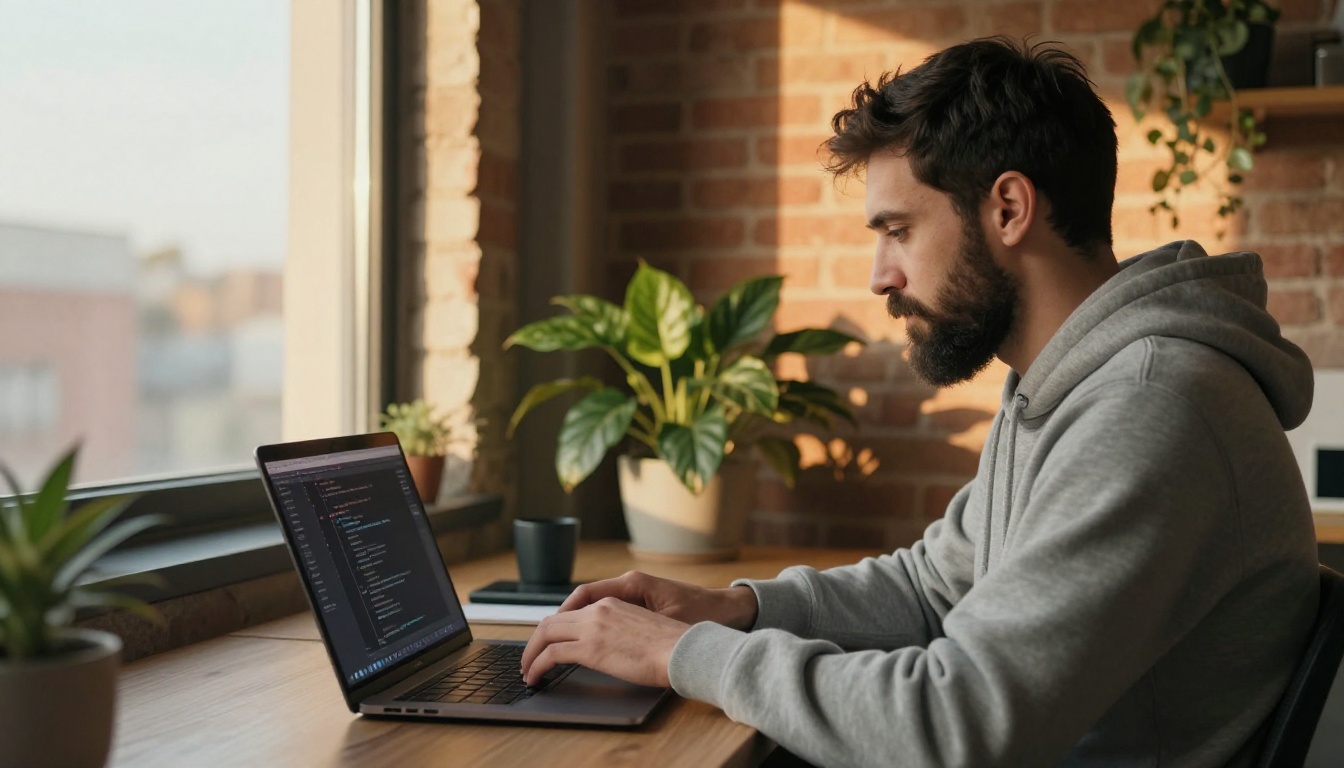 Over-the-shoulder view of a developer typing code on a laptop in a loft office