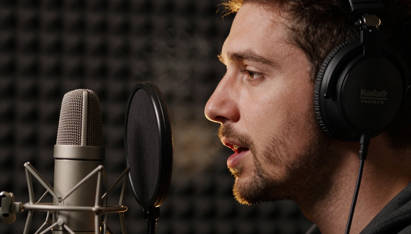 Side profile of a voice actor speaking into a studio microphone with a pop filter