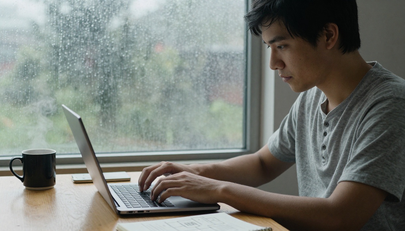 A developer at a rain-streaked window desk building an automated ad pipeline