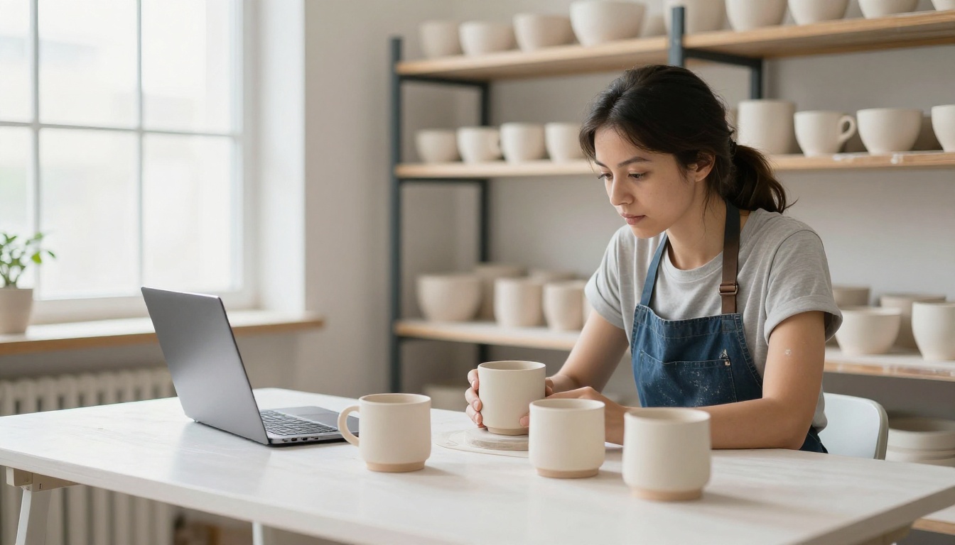 Woman in a denim apron photographing a stoneware mug in a pottery workshop