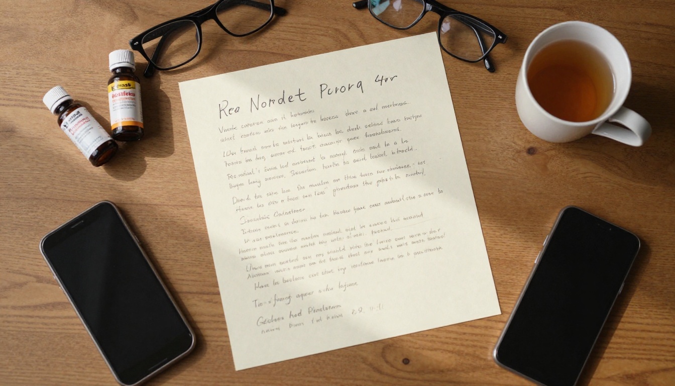 Overhead view of a printed ad script, product bottles and a phone on a wooden table