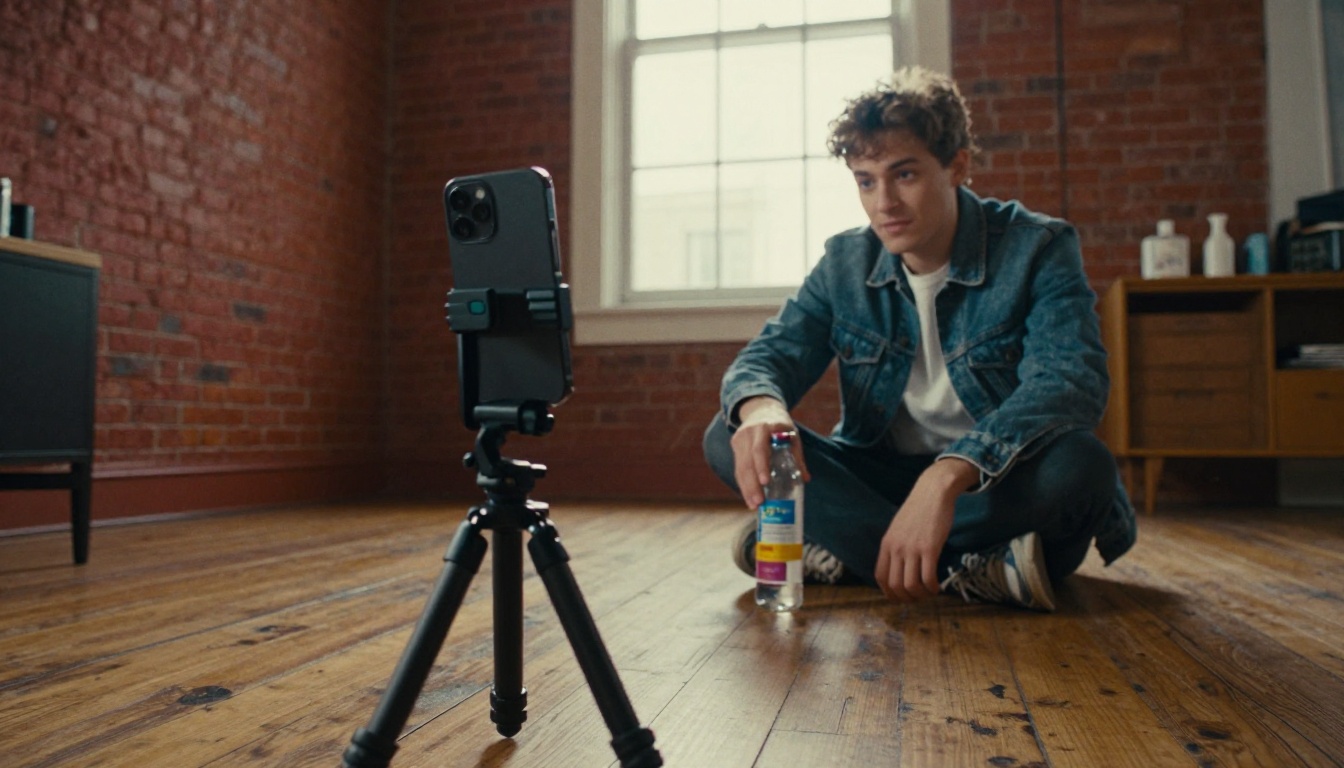 Low-angle view of a phone on a tripod filming a man in a loft living room