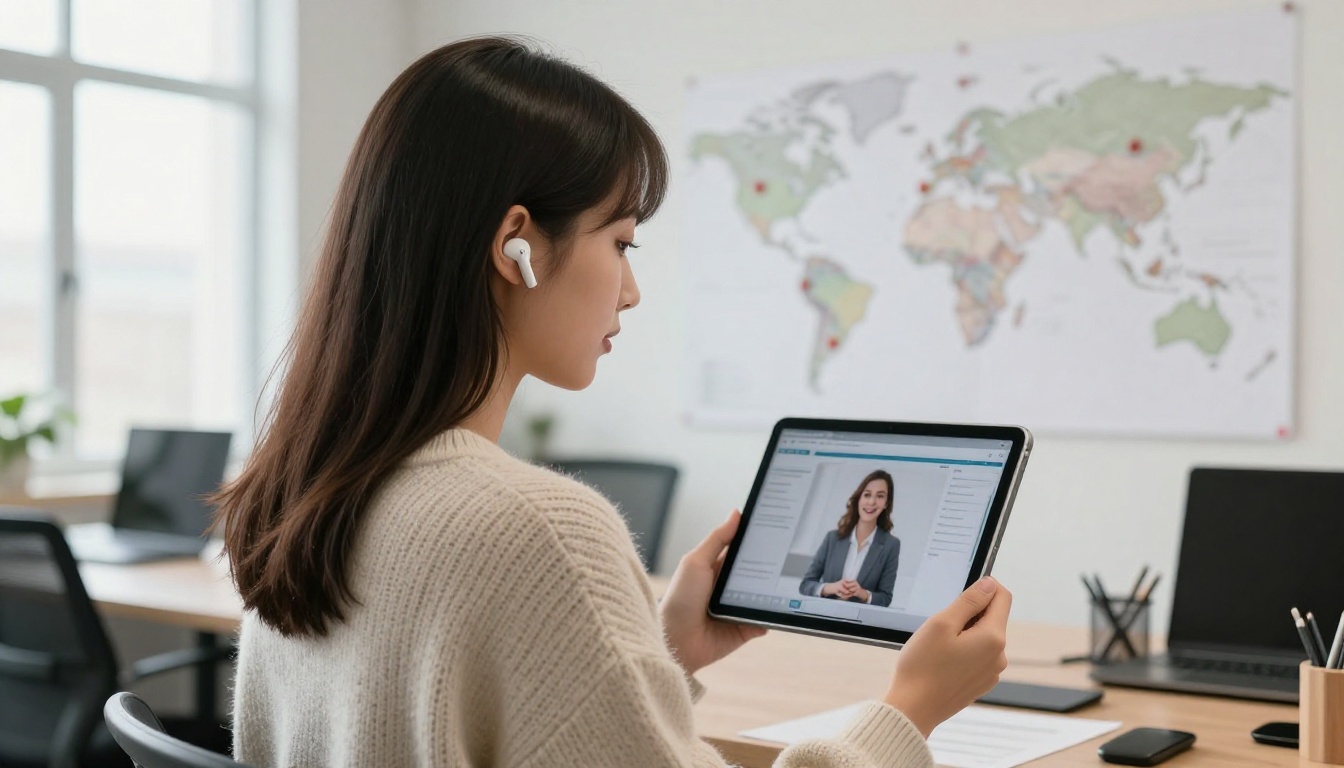 Young woman with earbuds holding a tablet in front of a world map