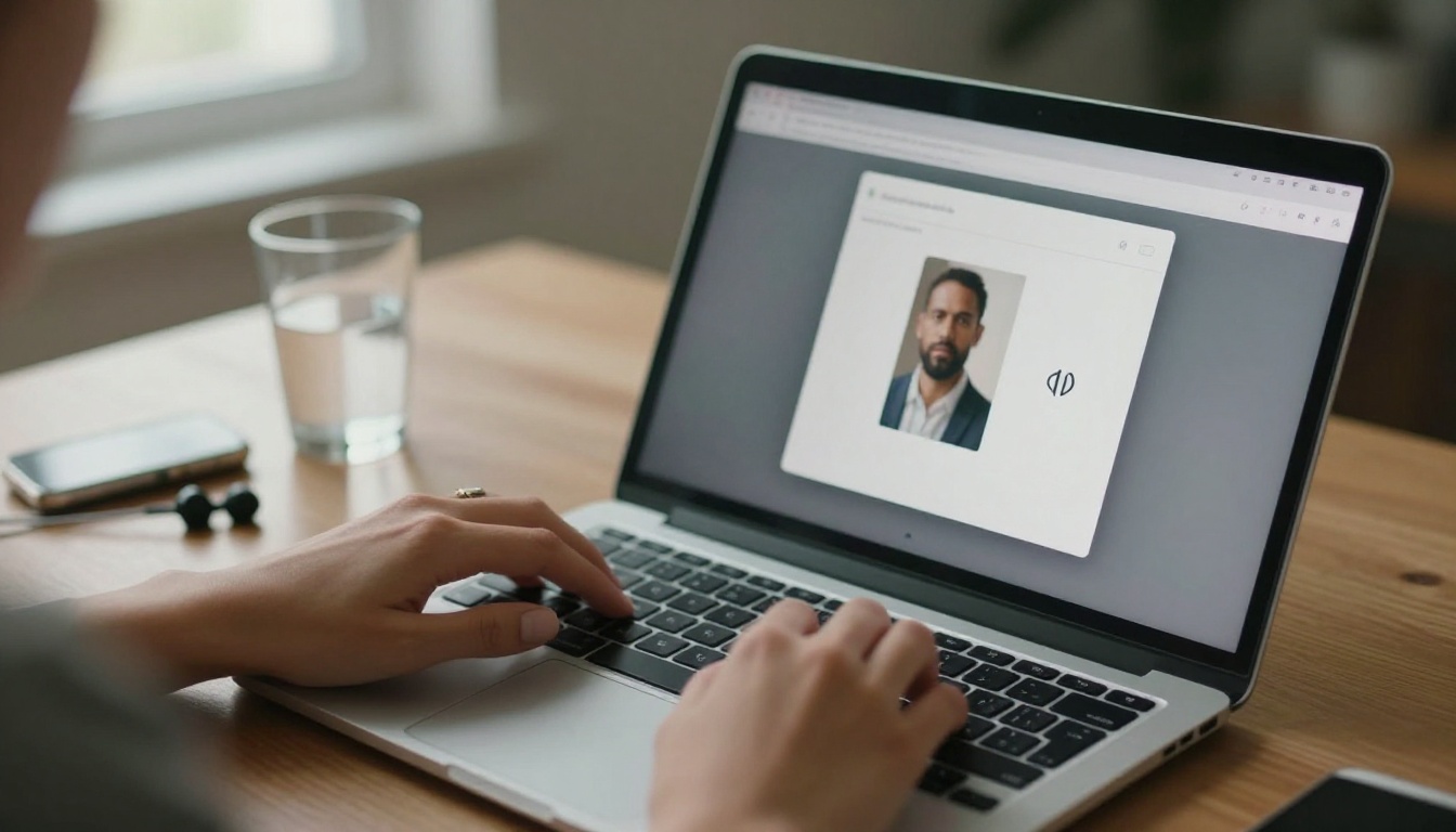 Woman's hands on a laptop with an upload window showing a portrait thumbnail and an audio file
