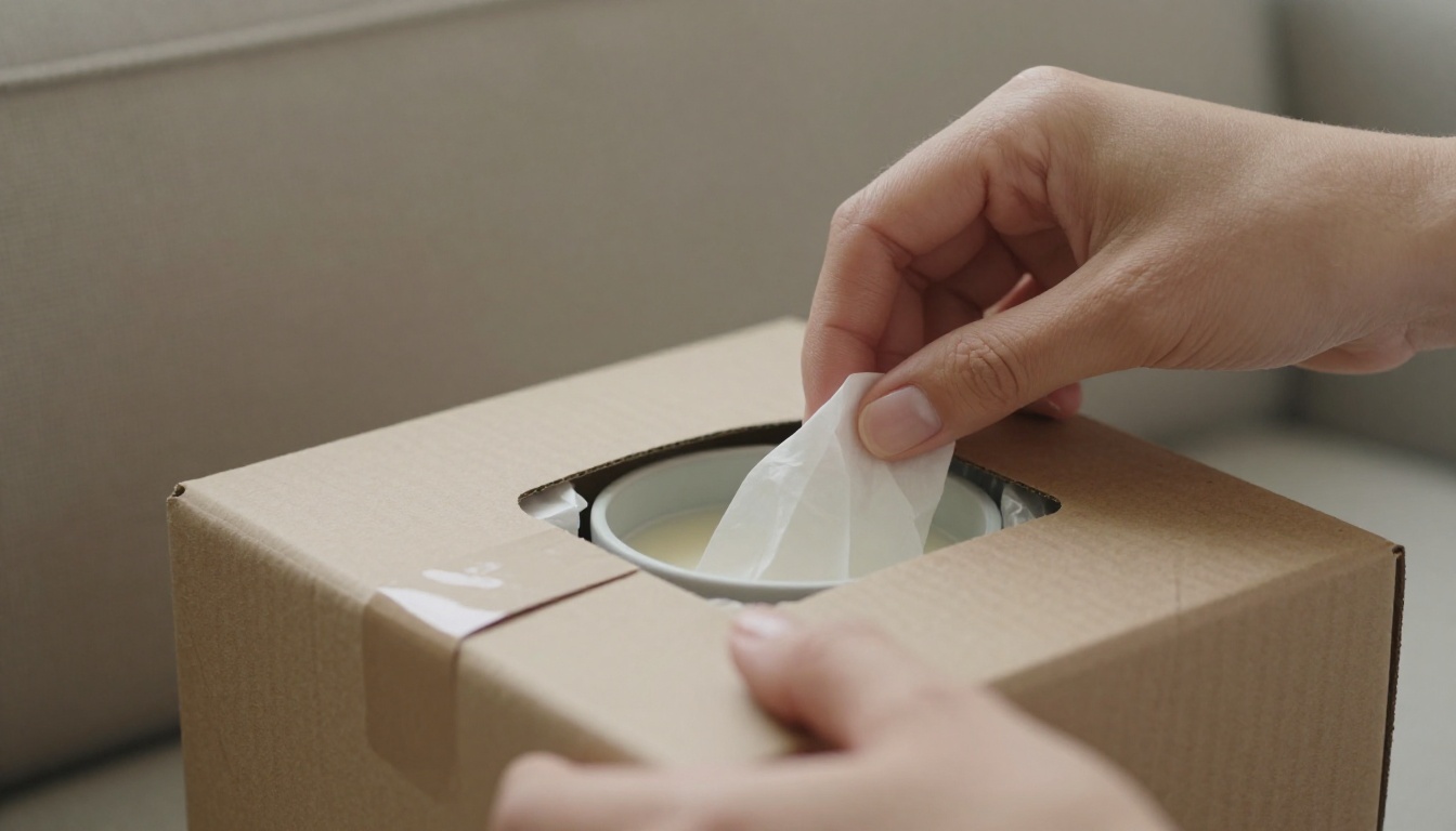 Close-up of hands opening a kraft shipping box on a linen sofa