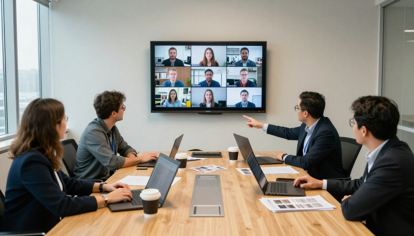 Four colleagues around a table comparing portrait video clips on a wall screen