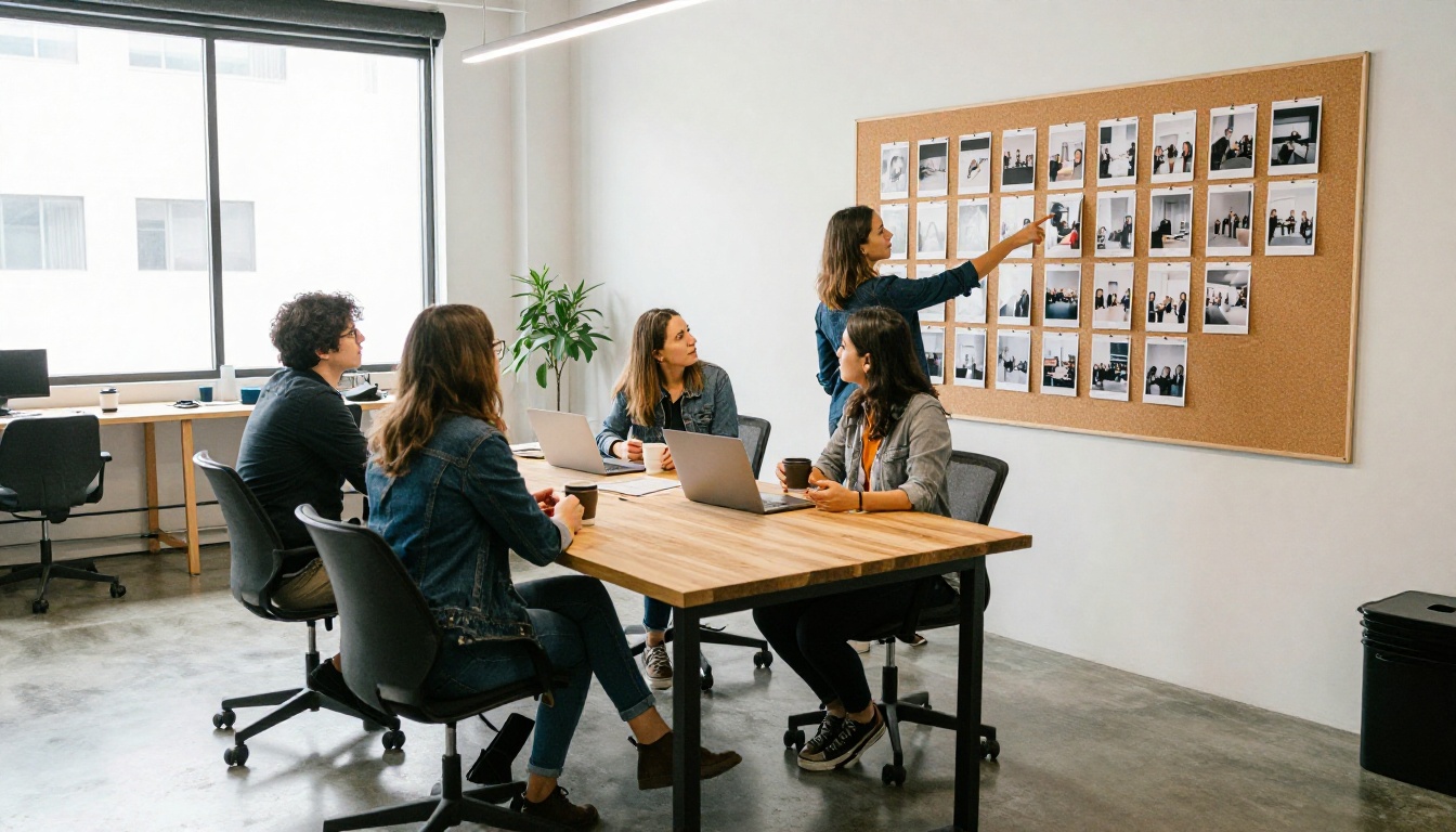 A small marketing team reviewing printed video frames on a corkboard wall