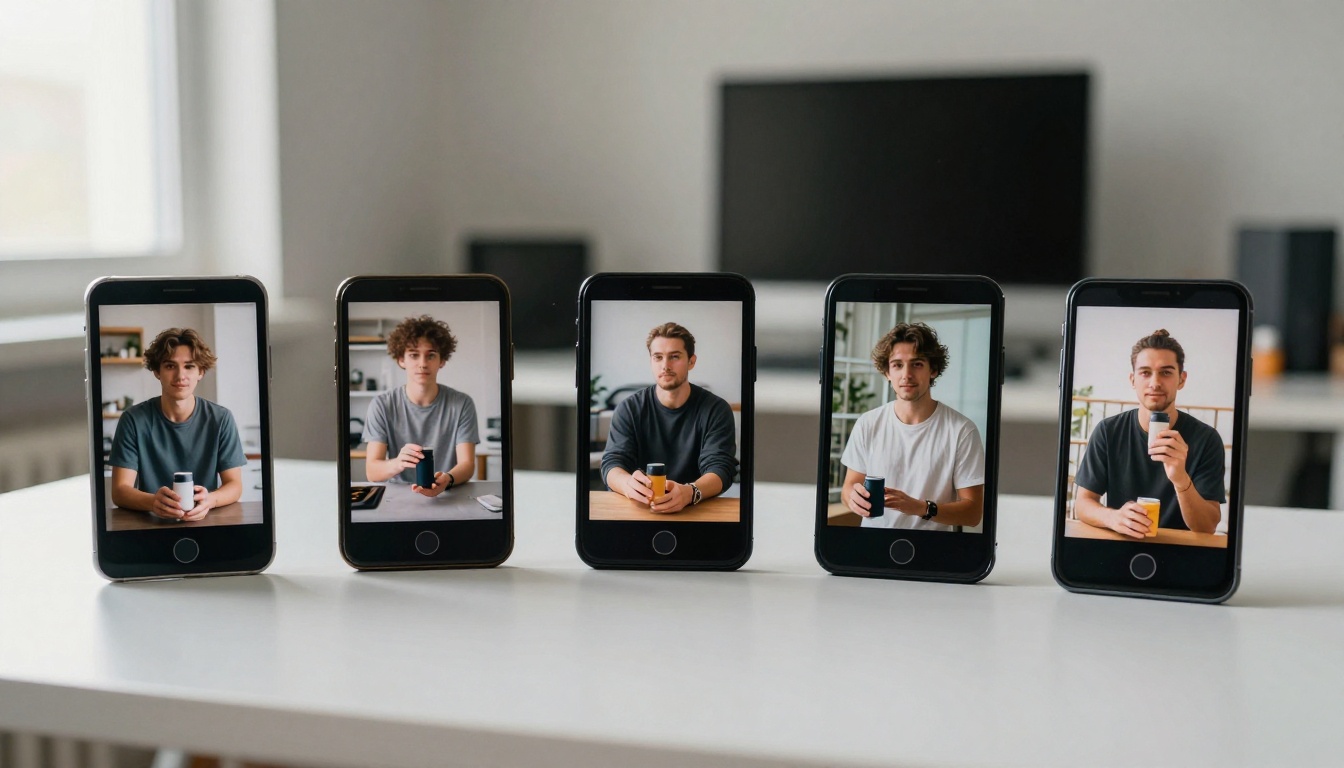 Five smartphones in a row on a desk, each showing a different person with a product