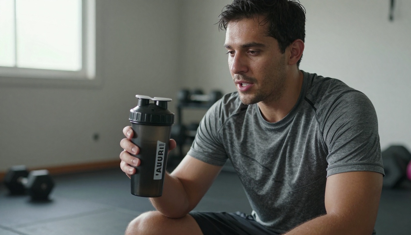 A man in a home garage gym speaking to his phone while holding a shaker bottle