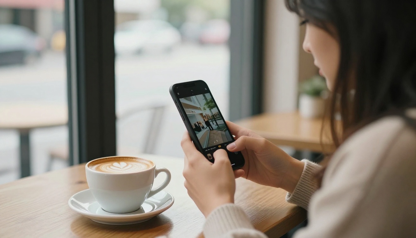 A young woman scrolling a vertical video feed at a sunny cafe table