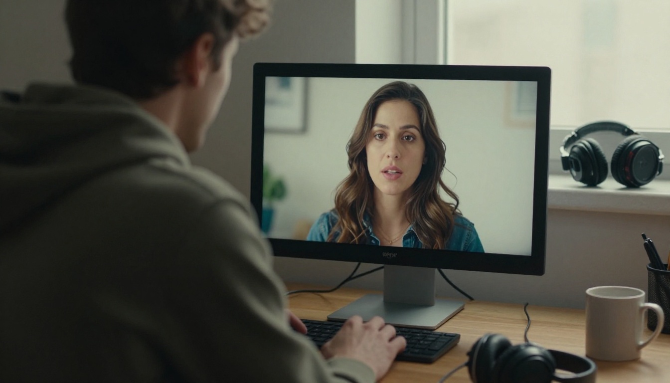 A young man watches a paused video frame of a woman mid-sentence on a matte monitor