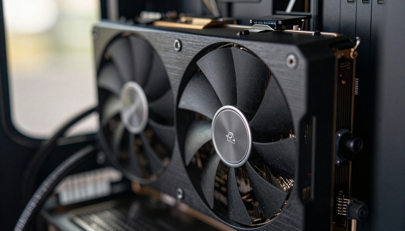 Macro close-up of a graphics card seated in an open PC case