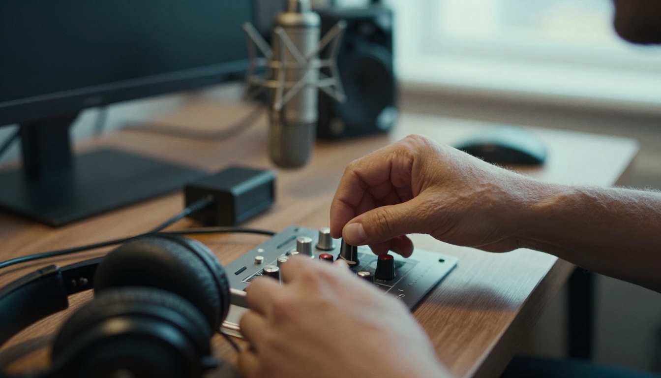Hands turning a knob on an audio interface beside a condenser microphone