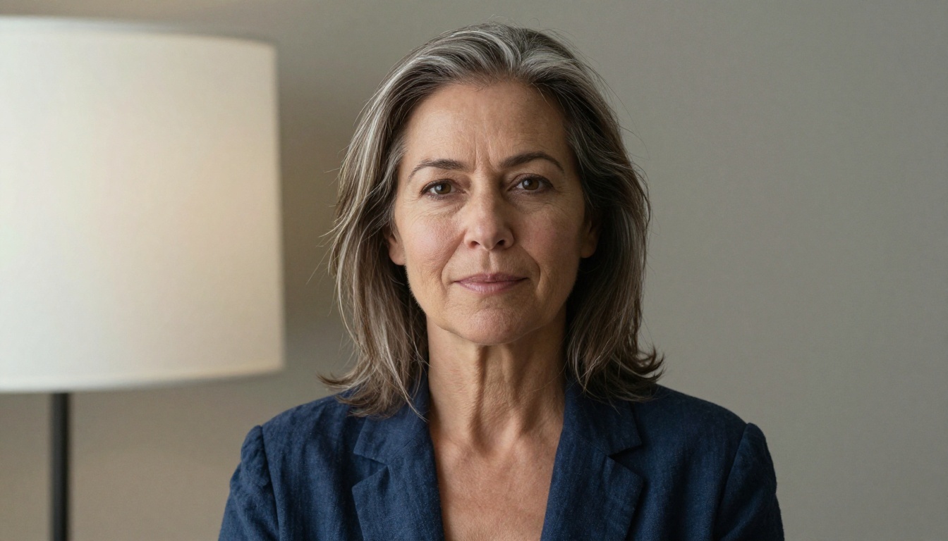 A woman in her fifties in a navy blazer facing the camera with a neutral expression