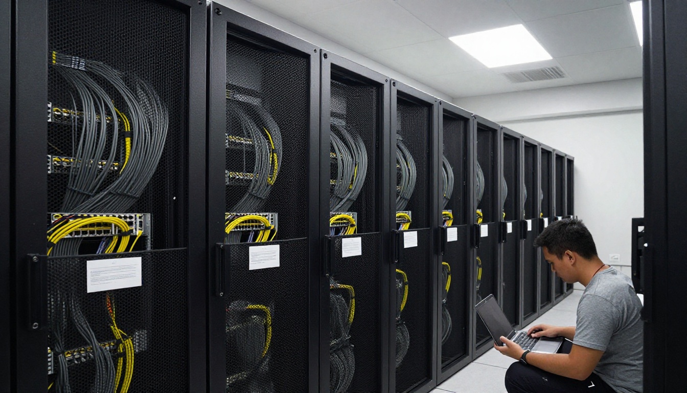 Low-angle view of a row of server racks with a technician at the far end