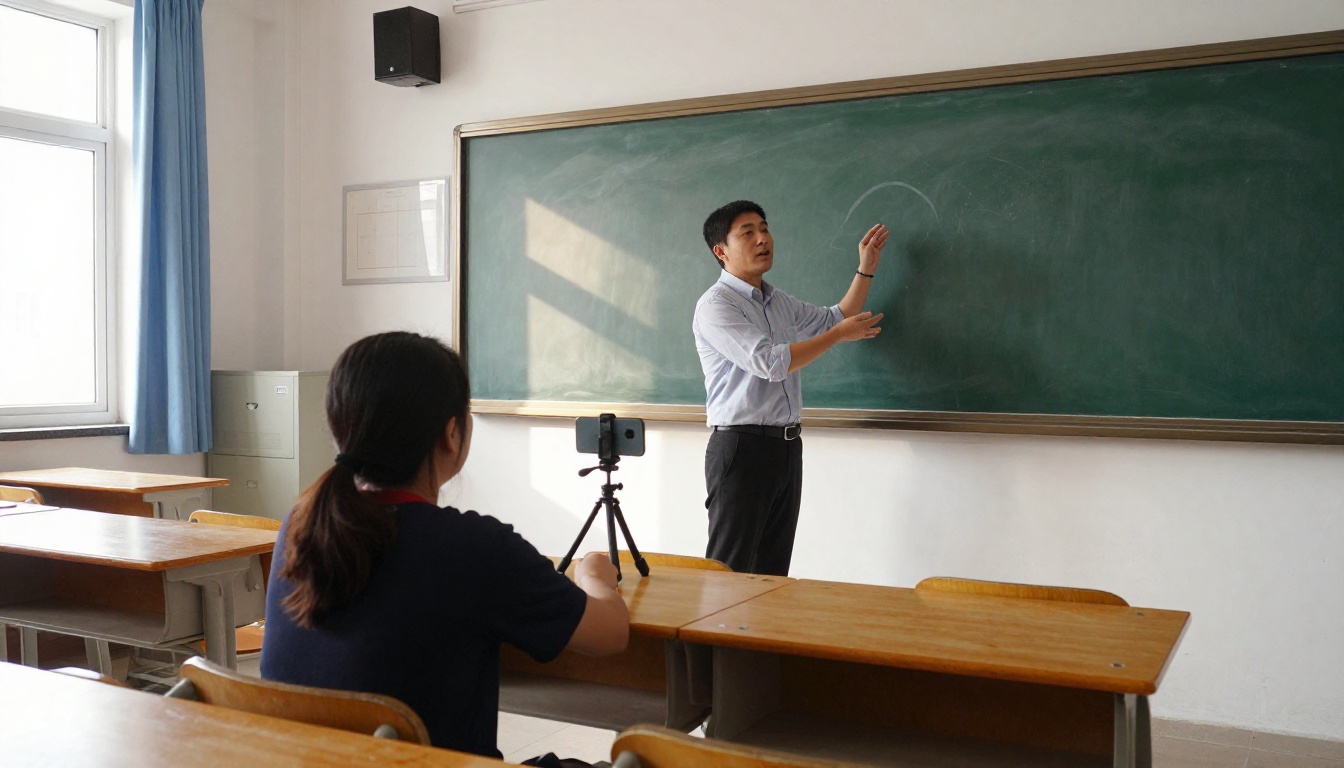 A teacher recording a lesson on a smartphone tripod beside a whiteboard