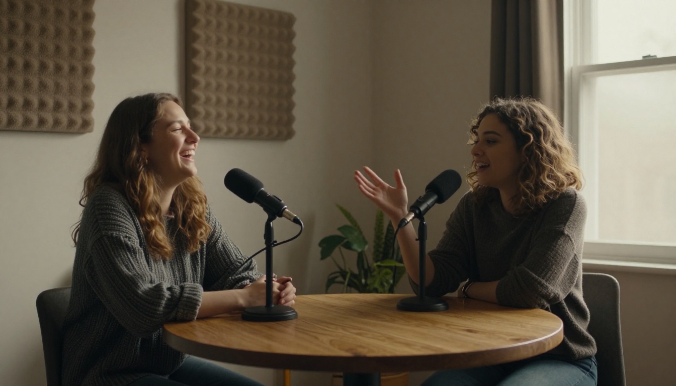 Two friends laughing at a podcast table with boom arm microphones