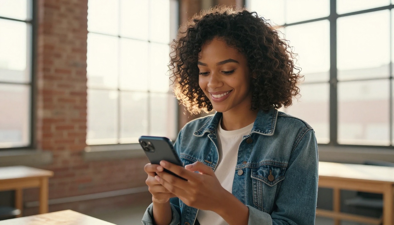 A young woman smiling at her smartphone in a bright loft studio