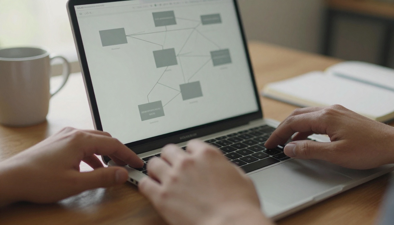Hands typing on a laptop keyboard in front of a node diagram of connected workflow blocks