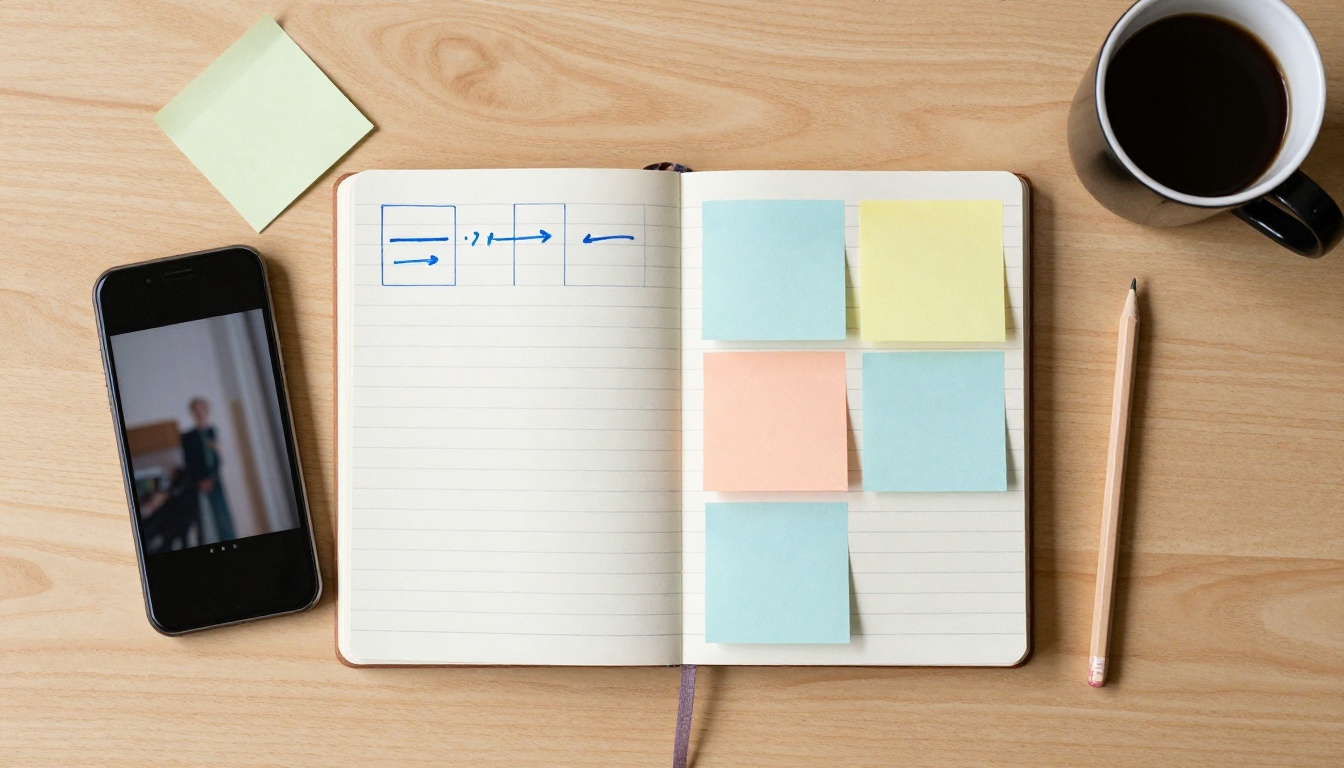 Overhead flat lay of a notebook with hand-drawn boxes, sticky notes and a coffee cup on an oak desk