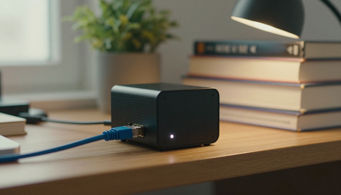 Small black mini PC with an ethernet cable on a wooden shelf in a home office