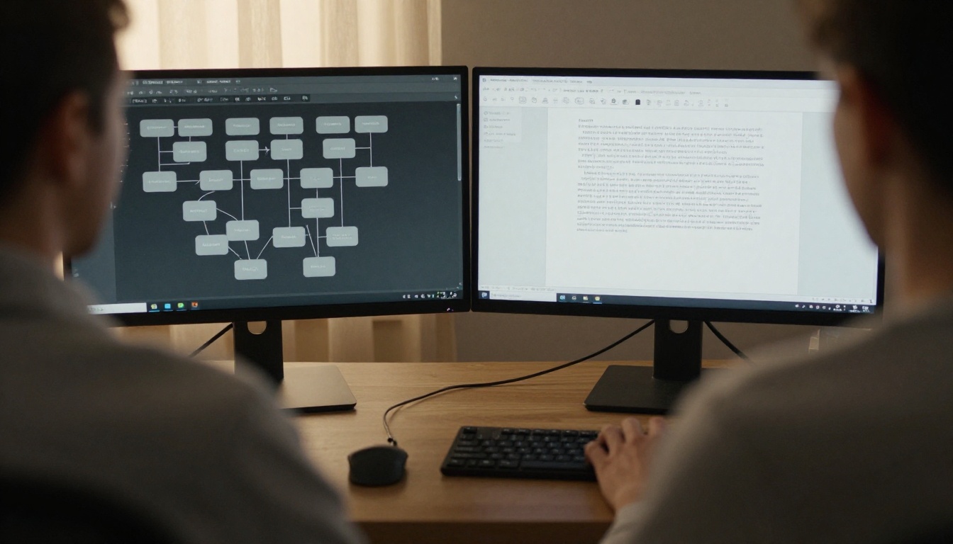 Dual-monitor desk seen from behind, one screen with a node workflow and one with a long document