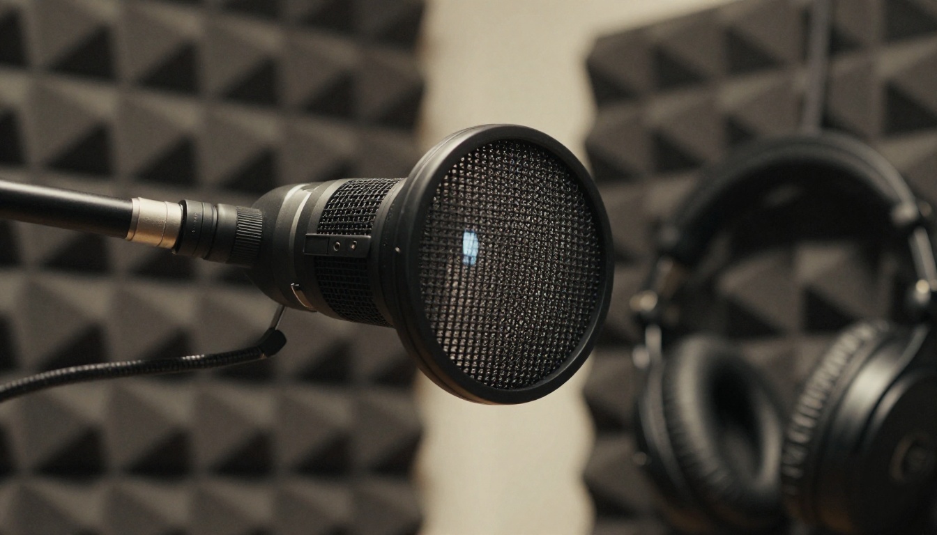 Close-up of a condenser microphone with a pop filter and headphones in a quiet recording corner