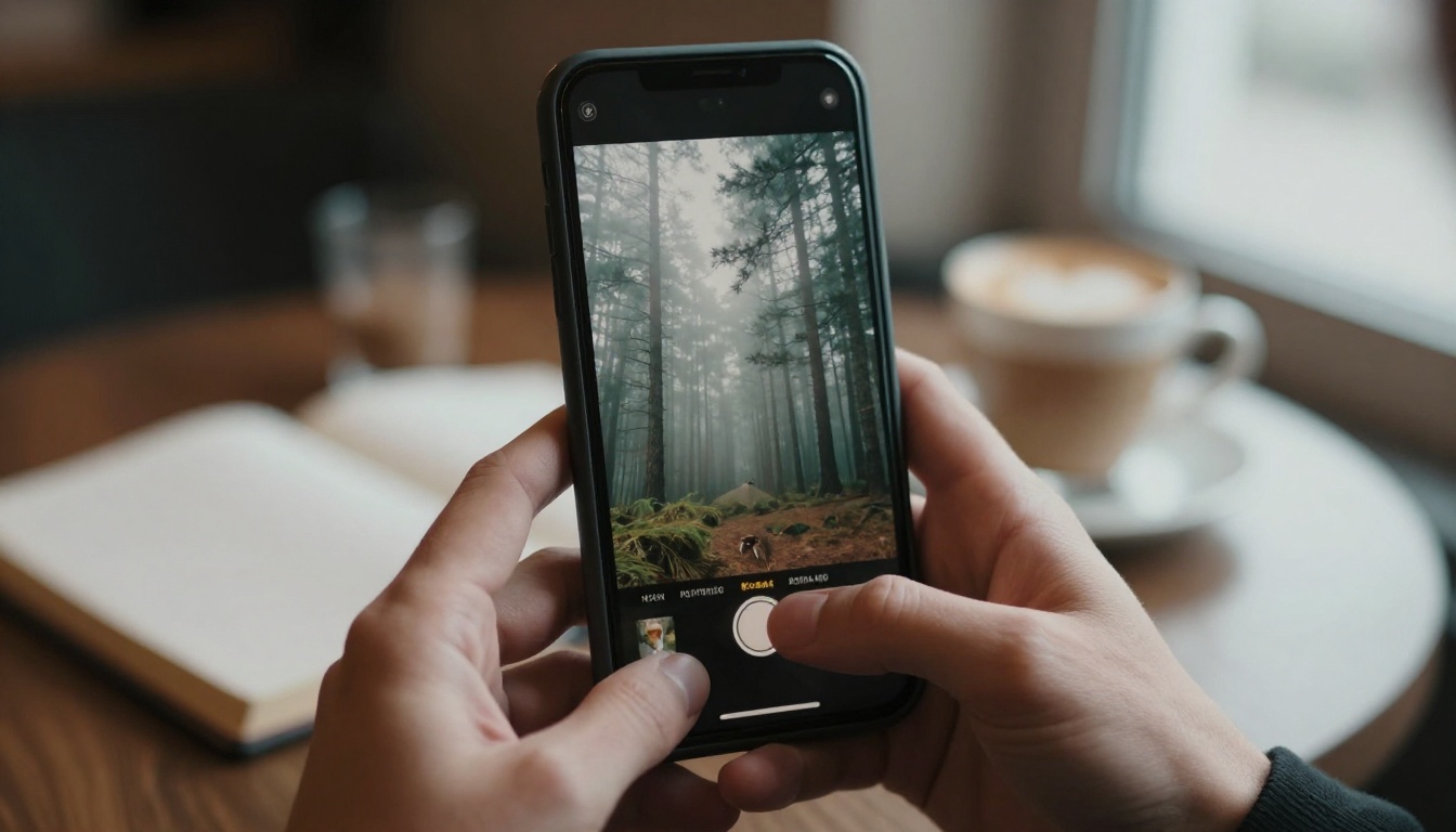 Hands holding a smartphone vertically showing a misty pine forest video