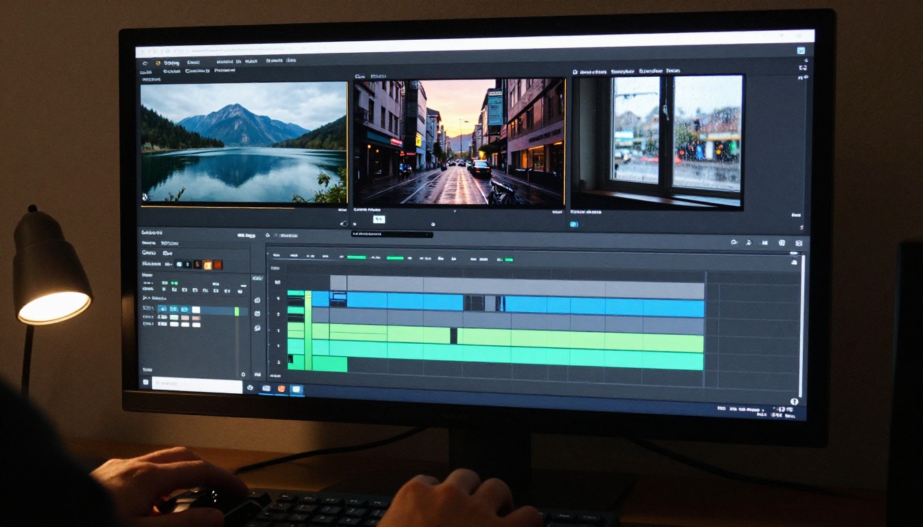 Monitor showing a video editing timeline with landscape thumbnails and a hand on a mouse