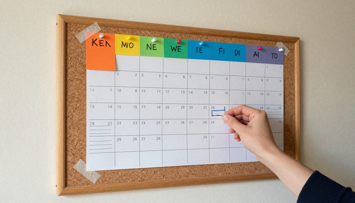 Cork board with colored index cards in a grid and a hand pinning a card next to a taped weekly calendar