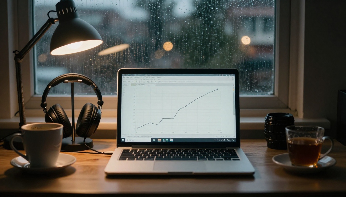 Open laptop with a rising line chart beside headphones and a desk lamp at dusk