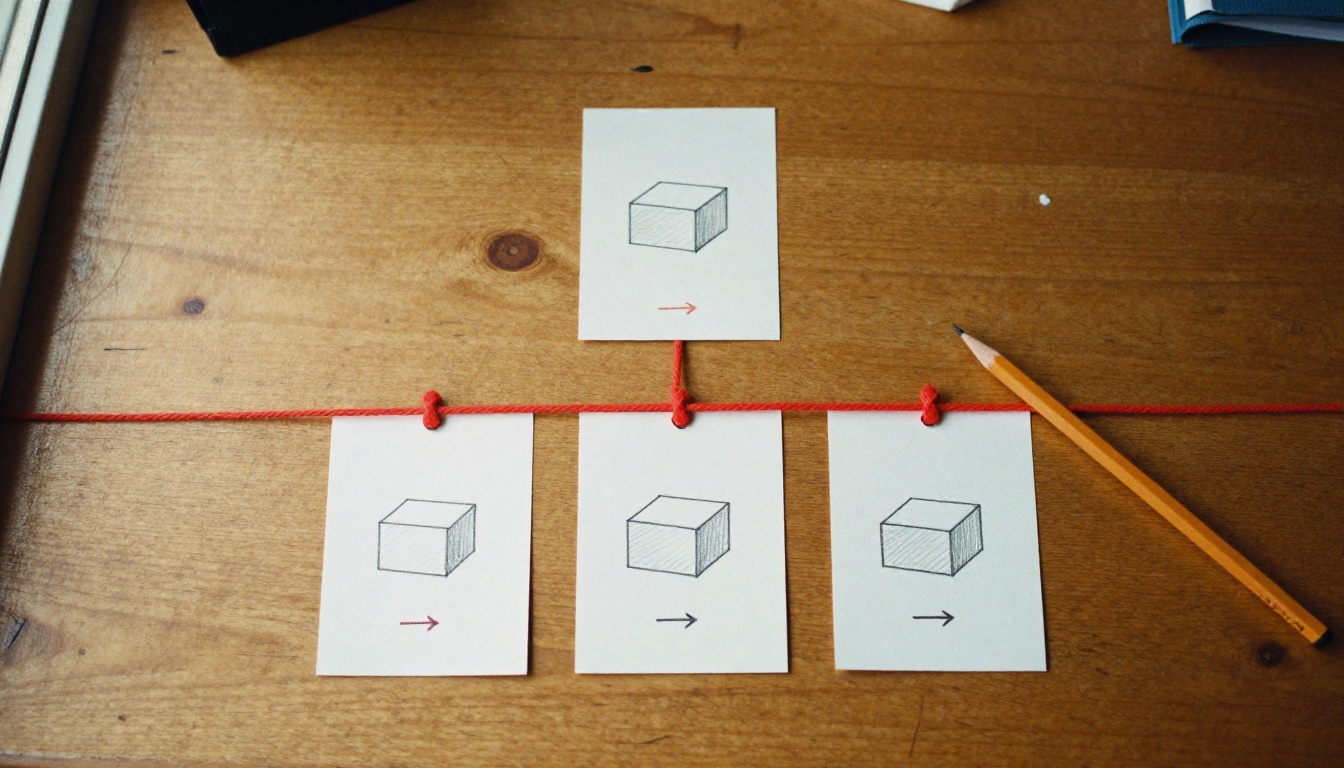 Five index cards linked by red twine on an oak desk, seen from above