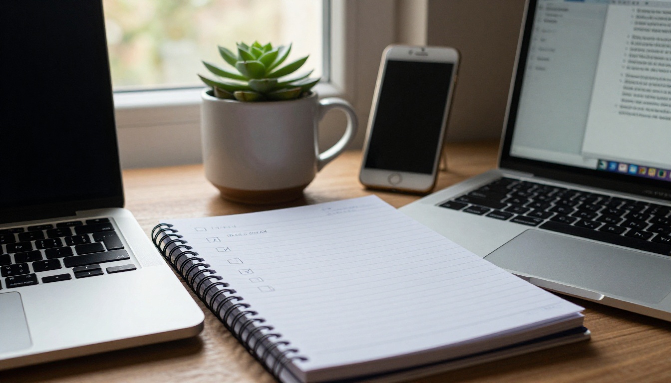Low-angle view of a laptop, a checklist notebook and a coffee mug on a desk
