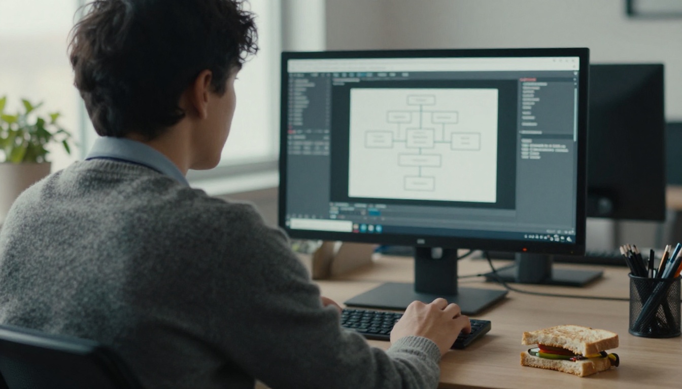 Over-the-shoulder view of a developer watching a diagram of connected boxes on a monitor