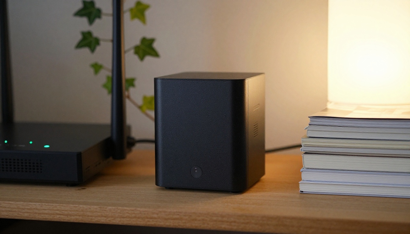 A small black mini PC next to a home router on a wooden shelf