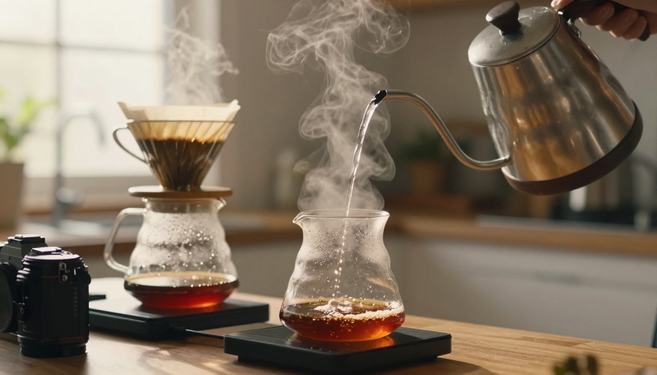 Low-angle view of a camera on a tripod filming a pour-over coffee setup