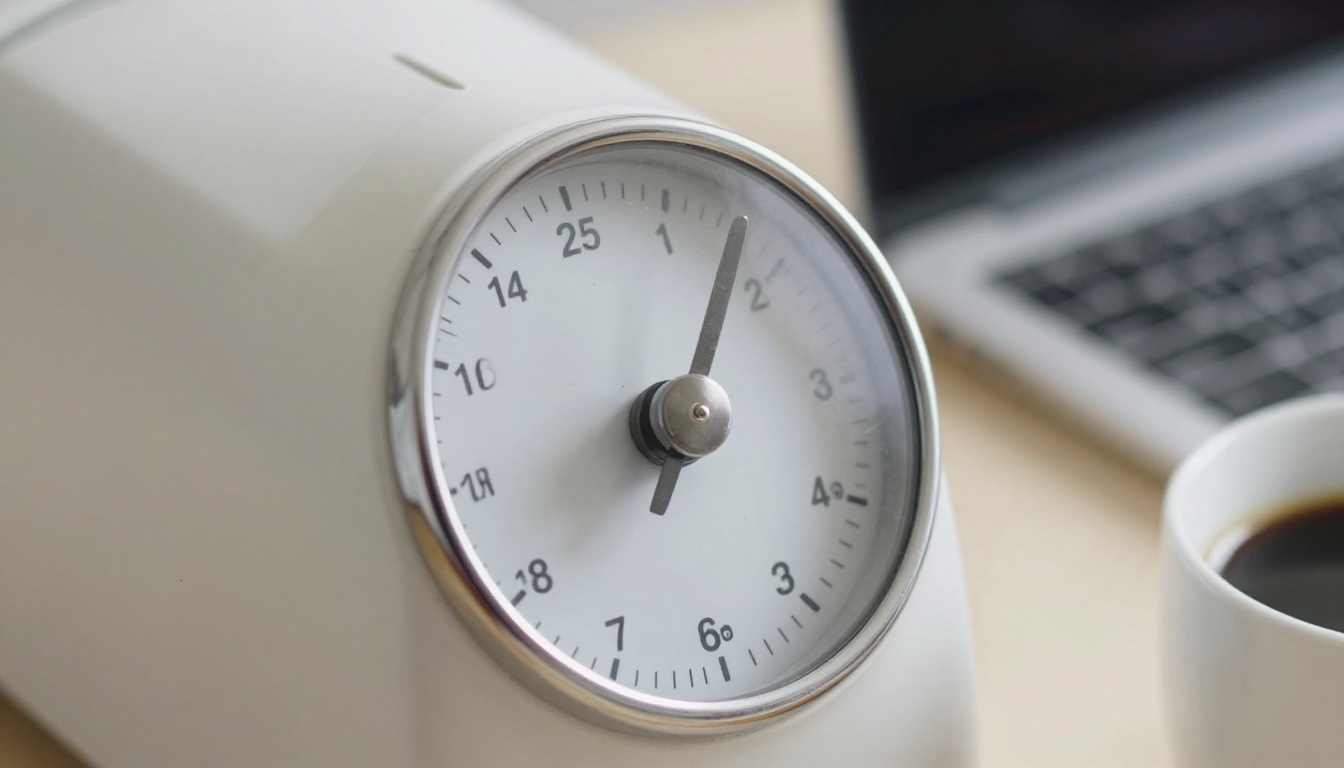 Close-up of a vintage kitchen timer with its dial mid-turn