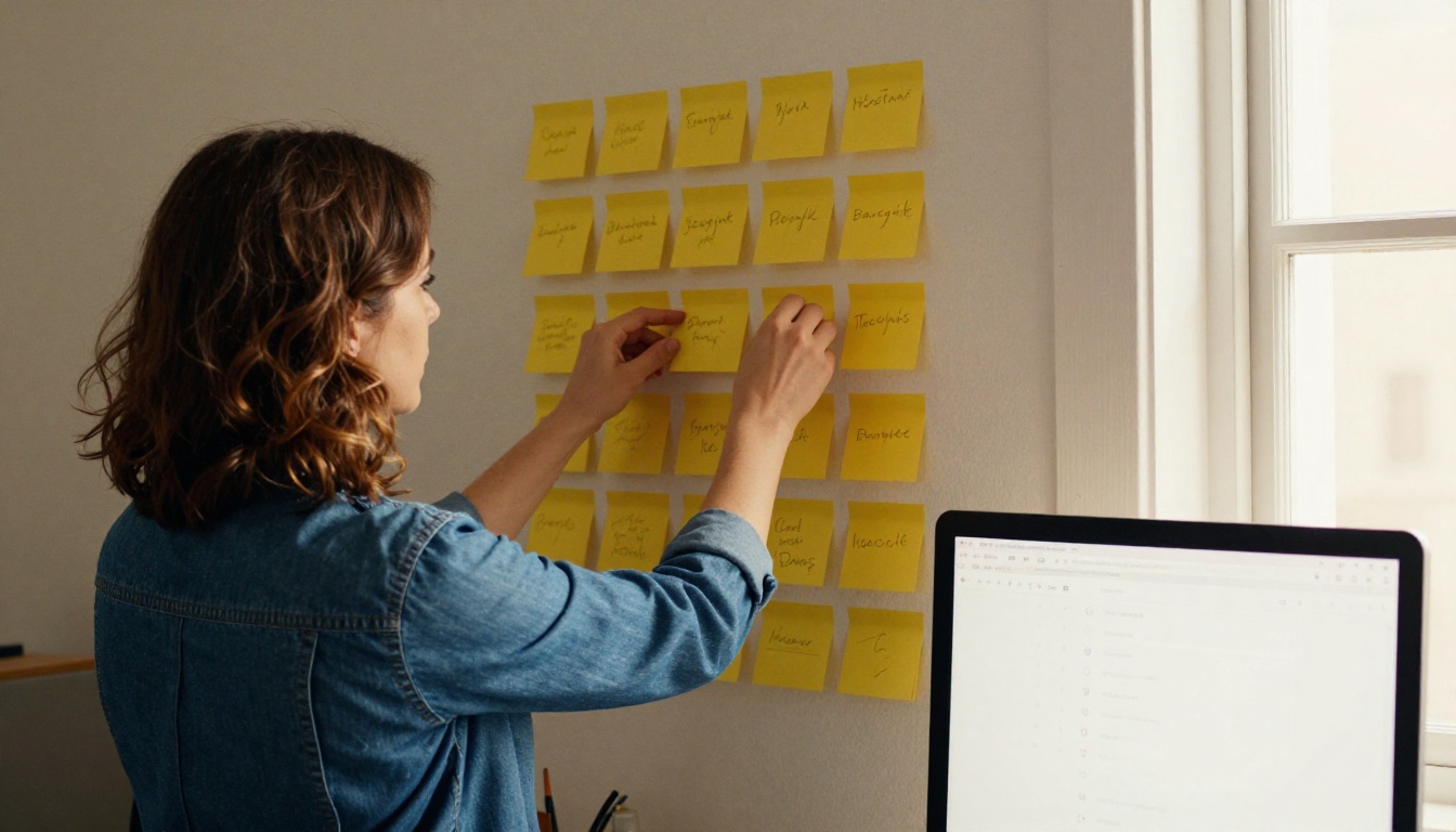 A woman arranging yellow sticky notes in a grid beside a monitor with a chat window